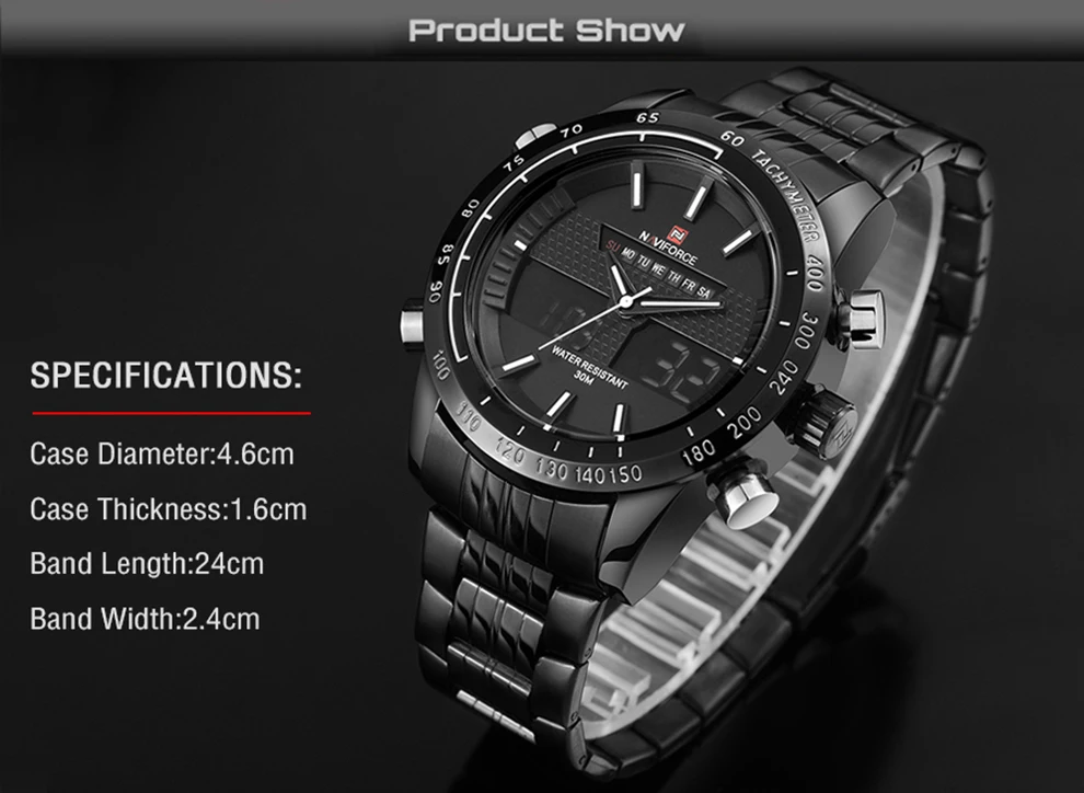 NAVIFORCE, мужские водонепроницаемые спортивные часы, полностью стальной светодиодный, цифровой аналоговый, военные кварцевые наручные часы, мужские часы