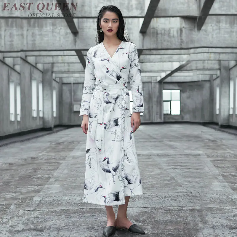 

Summer women Japanese kimono clothes full sleeve long style deep v-neck sexy loose printed kimono dress AA3193 F