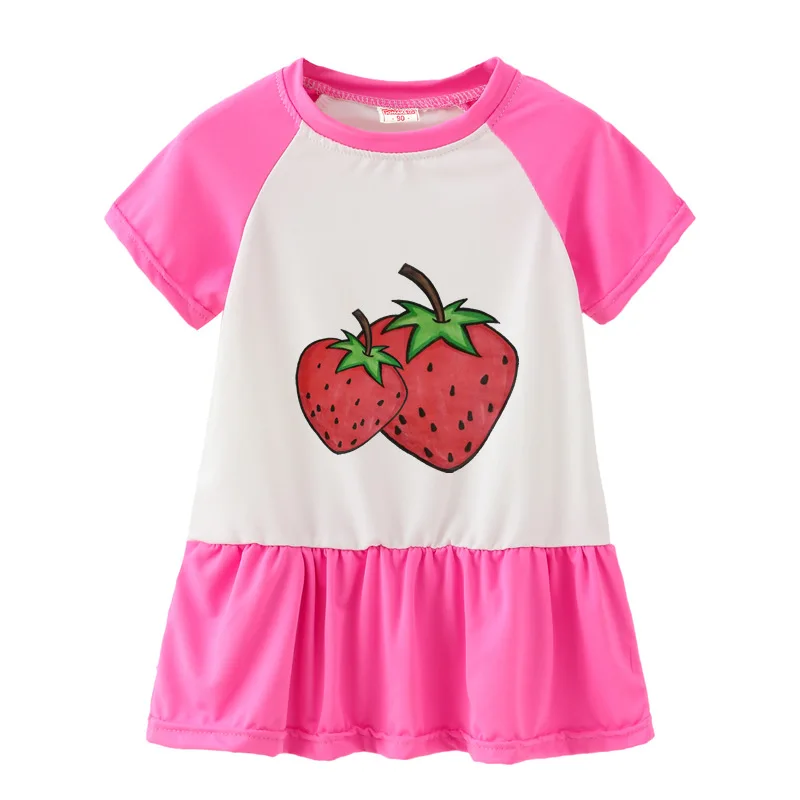 

Summer Casual Printed Baby Princess Girls Short-Sleeved Dress Rose Red Patchwork Girls Clothes For 2-7 Years Old