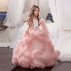 Румяна Розовый цветок девушки платья для свадьбы бальное платье облако бисером девушки день рождения платье пышные платья Vestido De Daminha