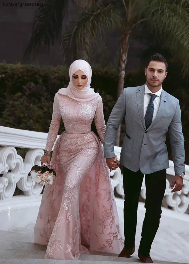 Vintage Long Sleeves Pink Mermaid Wedding Dresses Arabic Dubai Muslim Bridal Gowns With Detachable Train Appliques Sequins Wedding Gowns  169 (1)
