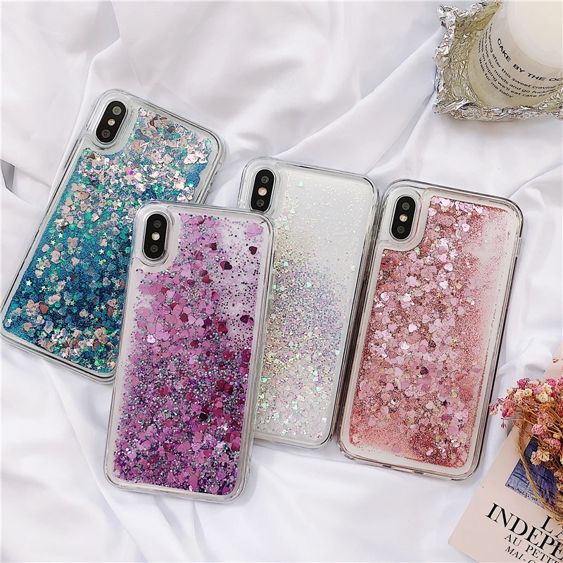 

For OPPO A9 A5 2020 Realme 3 Pro X K3 Love Heart Stars Liquid Sand Quicksand Glitter Case For Reno 2 Z 10x Zoom Sparkles Cover