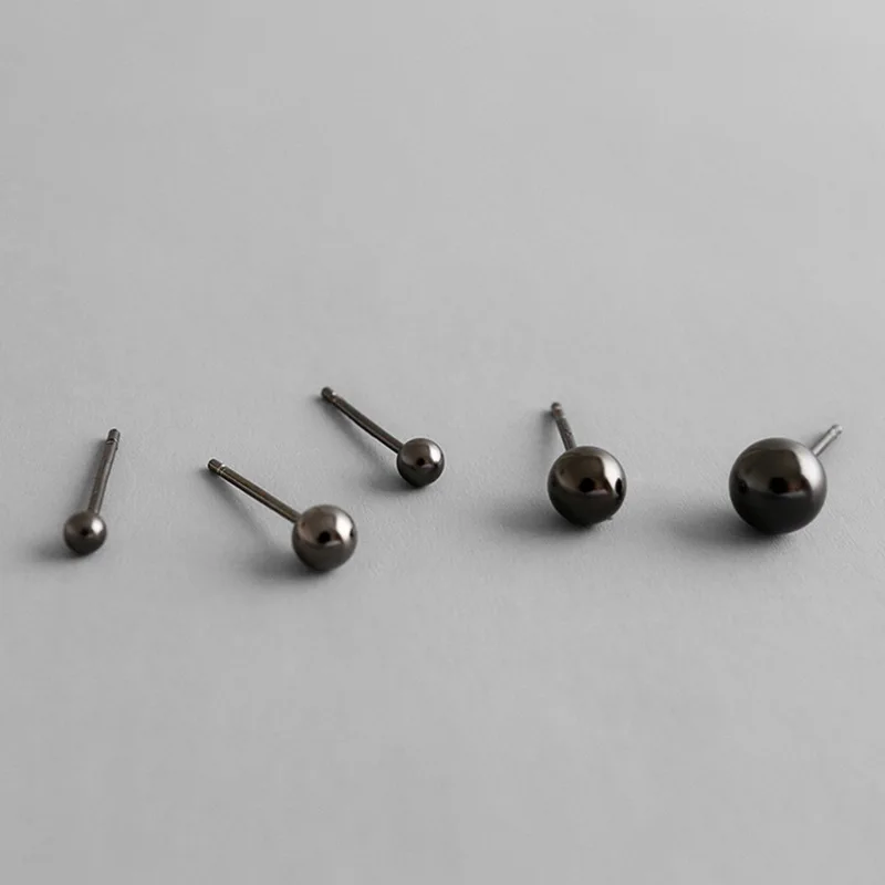 

2-6mm 100% 925 Sterling Silver jewelry girl women ear stud minimalist simple smooth Black round bead Ball earring