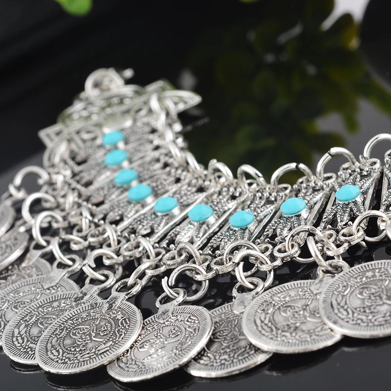 

Ethnic Gypsy Party Hippy Boho Pop Beads Dangle Coin Chunky Bohemia Carved Coin Bracelets