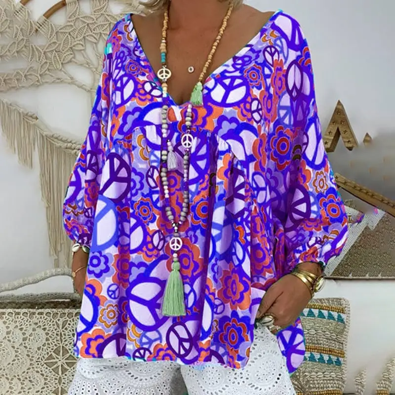 Plus Size 5XL Peace Mark Floral Patchwork Women Tunic 2019 Summer V Neck Ruffles Print Beach Holiday Female Blouses Lady Shirt