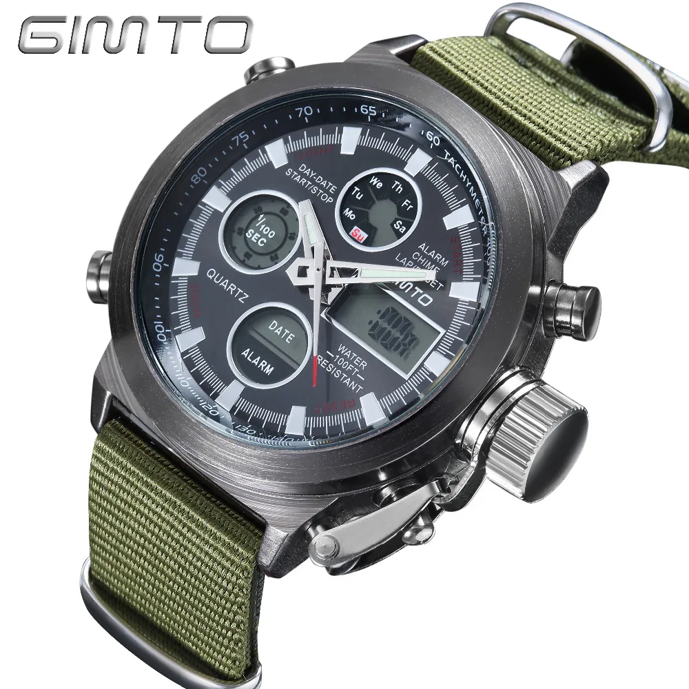 2016 Brand GIMTO Quartz Digital Sports Watches Men Leather Nylon LED Military Army Waterproof Diving Wristwatch