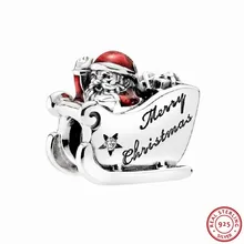 Рождественский подарок полупрозрачная красная эмаль Санта на санках бусины для женщин ювелирные изделия DIY Fit PANDORA Подвески Серебро 925 FL485