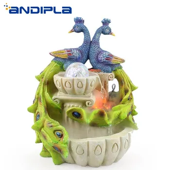 

110-240V Peacock Water Fountain LED Crystal Ball Lucky Home Decor Atomizer Humidifier Resin Auspiciou Feng Shui Desktop Ornament