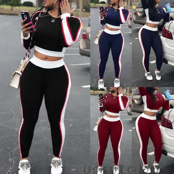 

Hirigin Women's Long Sleeve 2 PCS Top+Pants High Waist Slim Jumpsuit Ladies Summer Casual Striped Tracksuit