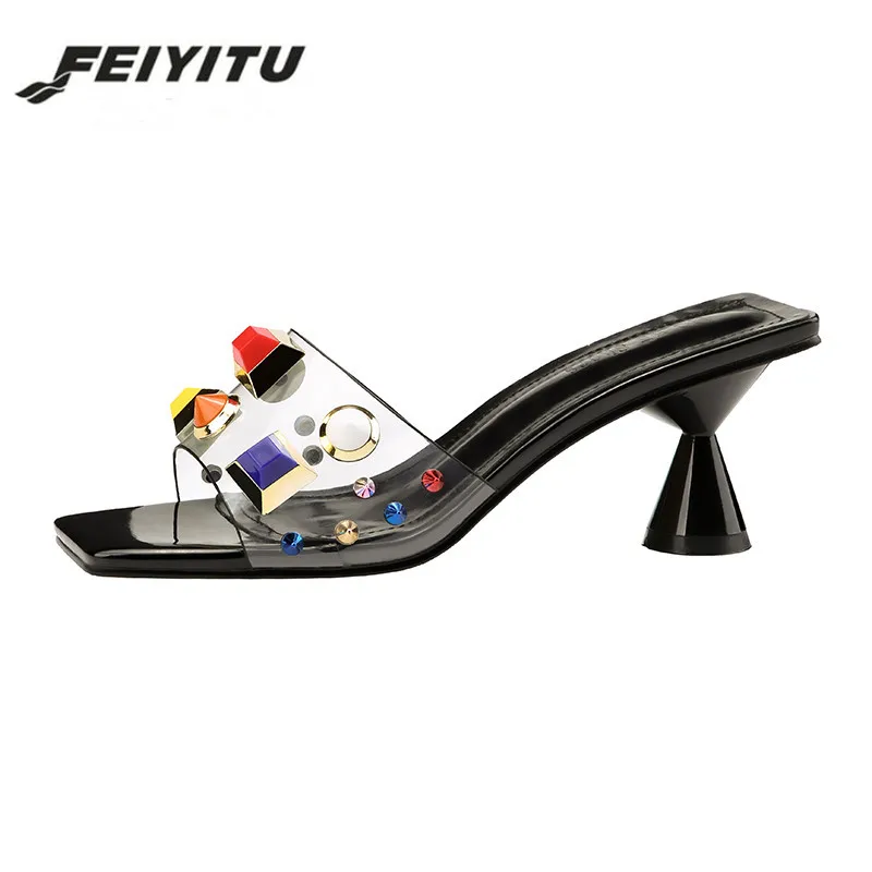 

feiyitu 2018 New Style Summer Women Transparent 6cm High Heels Mules Slides Female Rivets Strange Heels Slippers Sexy Leisure