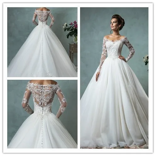 Pure White &amp Ivory Tulle Lace Wedding Dress V-neck Bride Long Sleeve Off The Shoulder Ball Gown Free Shipping Robe De Mariee | Свадьбы и