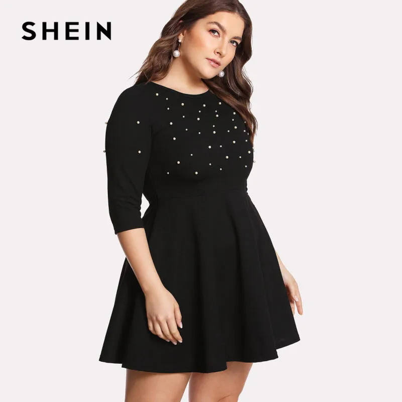 SHEIN Плюс РазмерОблегающее Платье-Клёш С Бусинами Женское Весеннее Элегантное Платье С Высокой Талией