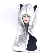 Faux Fur Hood Animal Hat Ear Flaps Hand Pockets 3in1 Animal Hood Hat Wolf Plush Warm Animal Cap with Scarf Gloves Free Shipping