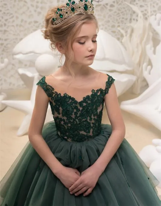 Сказочное платье принцессы с открытыми плечами и изумрудно-зеленым тюлем для маленьких девочек, пышное платье Юниор, кружевное платье с шлейфом для дня рождения