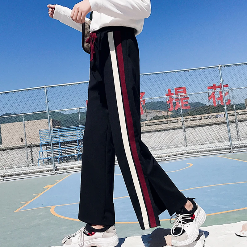 

Harajuku autumn High Waisted Wide Leg Pants Women Casual Loose Trousers Joggers Black Ladies Elegant Side Split Striped Pants