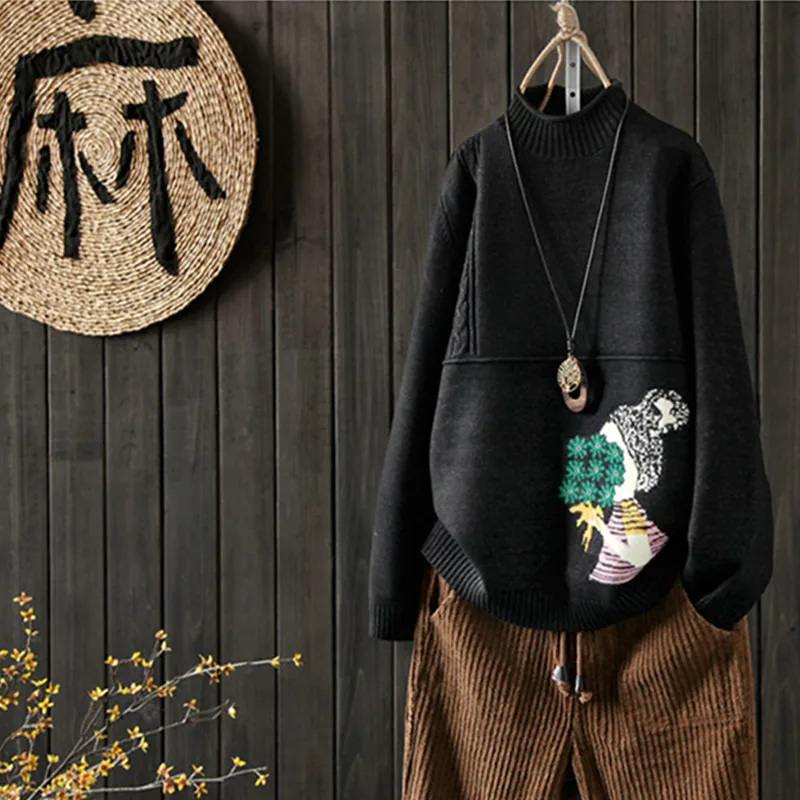 

Original Style Autumn Winter Bottom Women Sweater Literary Cartoon Embroidery High Neck Long Sleeve Pullovers Sueter Feminino