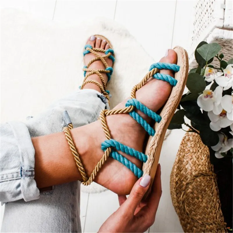 

Monerffi Summer Boho Women Sandals Lace Up 2019 Hemp Rope Rome Women Sandals Casuals Gladiator Cross tied 35-43