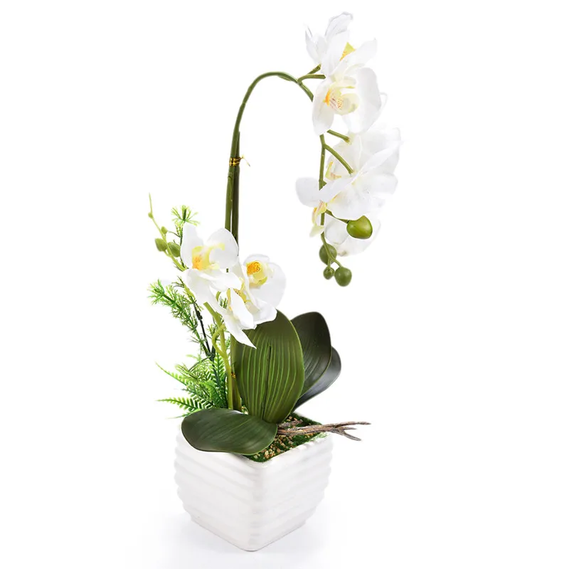 

1set Silk Real Touch Home Decor Artificial Phalaenopsis Orchid Flower Arrangement Small Bonsai Plants with Ceramic Flower Pot