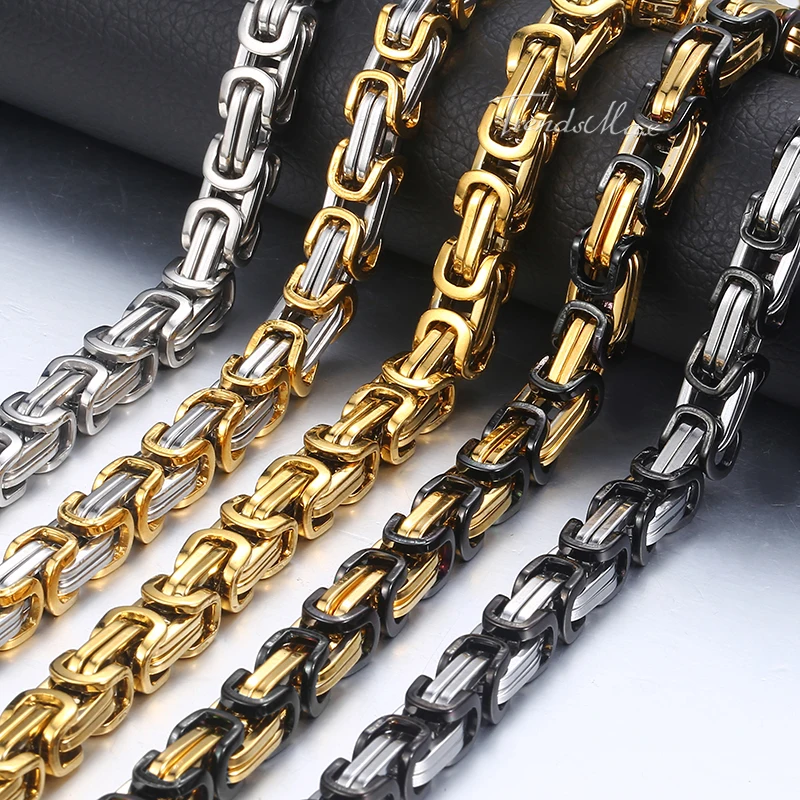 Byzantine Box Chain Necklace For Men Black Gold Silver Stainless Steel