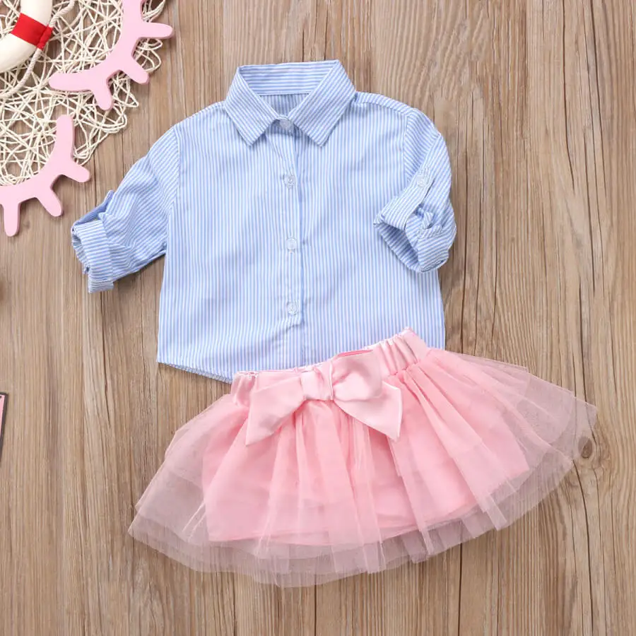 

Summer Fashion Newborn Baby Girl Tutu Skirt Blue Striped T-shirt+Bow Infant Toddler Skirt Set Solid Color Princess Girl Clothes