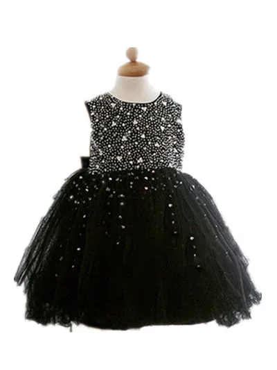BABY WOW New Baby Girl Black Dress Decorated with Diamonds Party Dress for First Birthday Infant