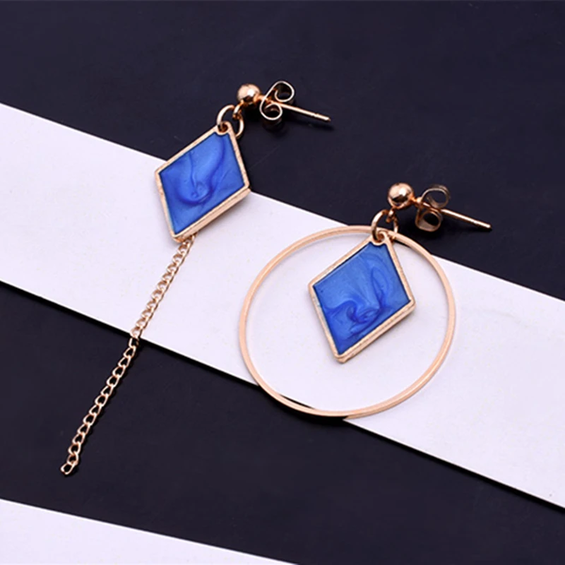 

E0340 Fashion Jewelry Rhombus Geometry Shape Asymmetric Drop Earrings For Women Blue White Statement Earrings Exquisite Gift
