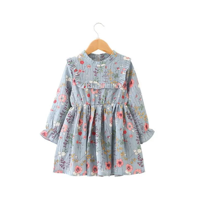 

DFXD 2018 Spring Girls Long Sleeve Princess Dress High Quality Baby Floral Chiffon Pleated Blue Birthday Dress Kids Party Dress