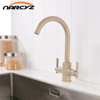 

Free Shipping Beige color Kitchen Faucets Double Hands Round Bathroom Sinks Wall-in Taps Double Hole Mix Water Tap XT-15