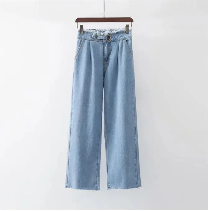 

HCBLESS 2019 spring new women large pocket curling jeans trimming straight pants jeans women's nine pants jeans