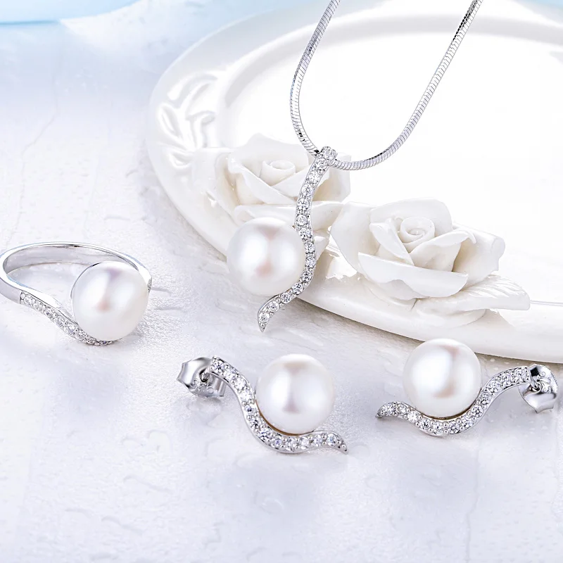 Starland 2016 New 925 Sterling Silver Women Pearl Jewelry Sets Necklace Pendant British buckle Earring Ring