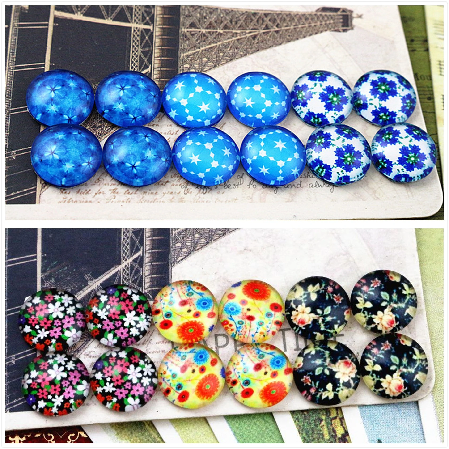 

12pcs/lot (One Set) Two Style 12mm Classic Flowers and Heart Handmade Glass Cabochons Pattern Domed Jewelry Accessories Supplies