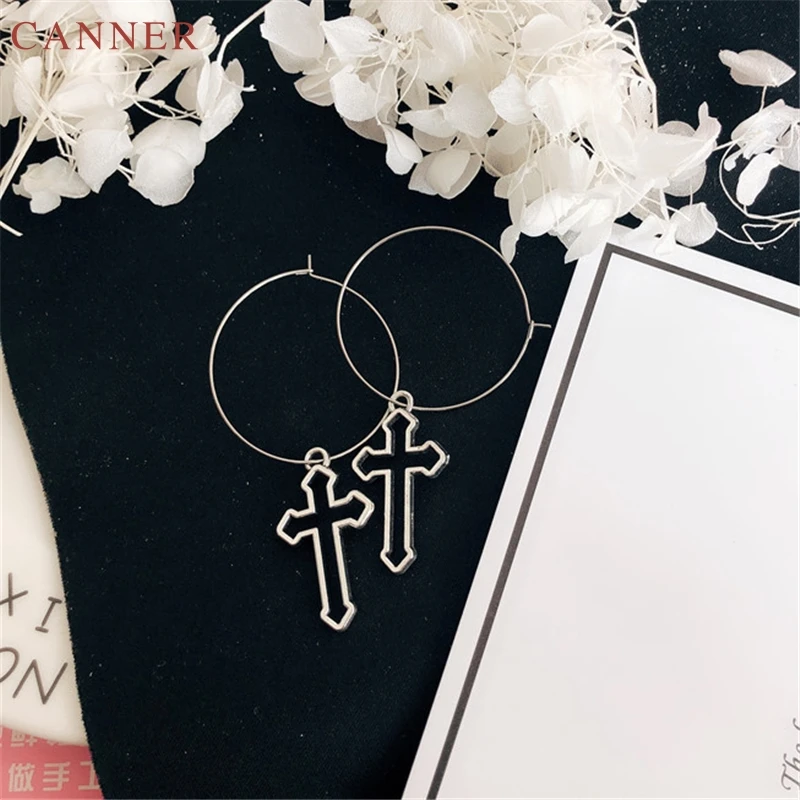 

Silver Color Big Circle Earrings for Women Jesus Cross Dangle Earrings 2019 Ladies Christian Jewelry Earing pendientes mujer C4