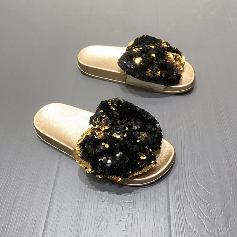 

Sequins Slippers Women Summer Shoes Gold Silver Flat Bow Tie Ladies Shoes 2019 New Outdoor Slides Patent Leather Fashion Shoes