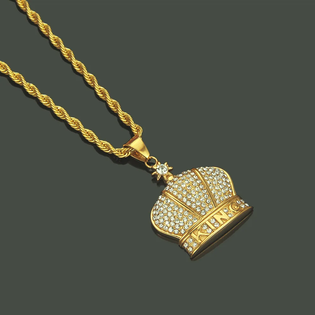 

Wholesale Long Chain Necklace Jewelry Bling Gold Hip Hop King Crown Pendants Necklace Iced Out Rhinestone For Rock Men Women