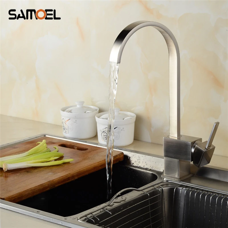 

Artistic Brass Brushed Nickel Waterfall Kitchen Sink Mixer Taps Deck Mount Square Cold Hot Kitchen Faucets NL704