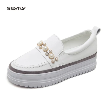 

SWYIVY Women's White Shoes Sneakers Platform Flat 2018 Spring Pearl Canvas Shoes Leather Female Casual Shoes Slip On Comfortable