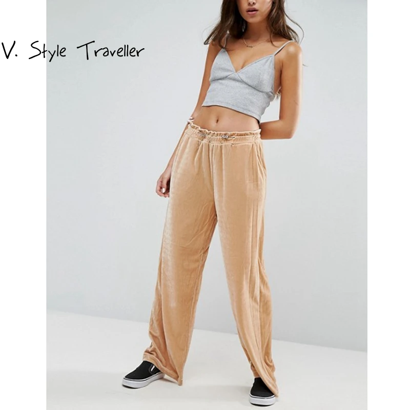 High Rise Casual Velvet Palazo Jogger Pants Women Wide Leg Capris