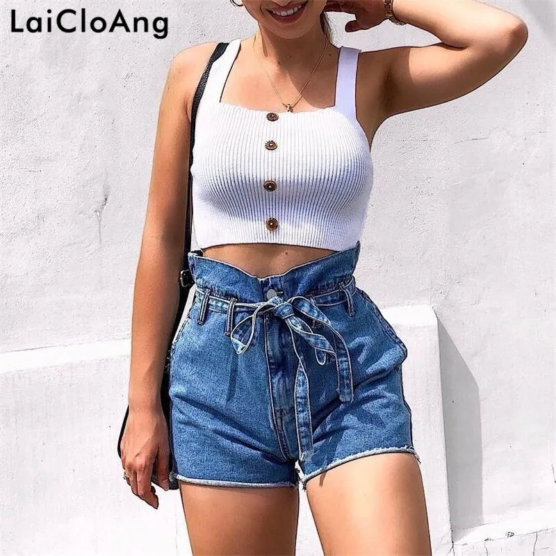 LaiCloAng летняя с высокой талией Джинсовые шорты Для женщин Модный шнурок карманы сексуальное Для женщин шорты пляжные Повседневное Короткие