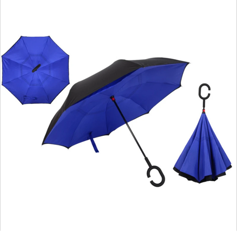 Зонт с обратным ходом, неавтоматический зонтик для модных дождевиков, женский зонт с защитой от ультрафиолета, ветрозащитные непромокаемые зонты с длинной ручкой - Цвет: DeepBlue