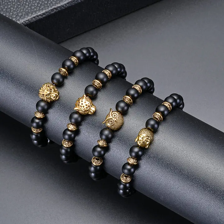 

Bright Moon Black Scrub Bracelet Lion Leopard Head Elastic Beaded Owl Bead Natural Stone Bracelet for Gift