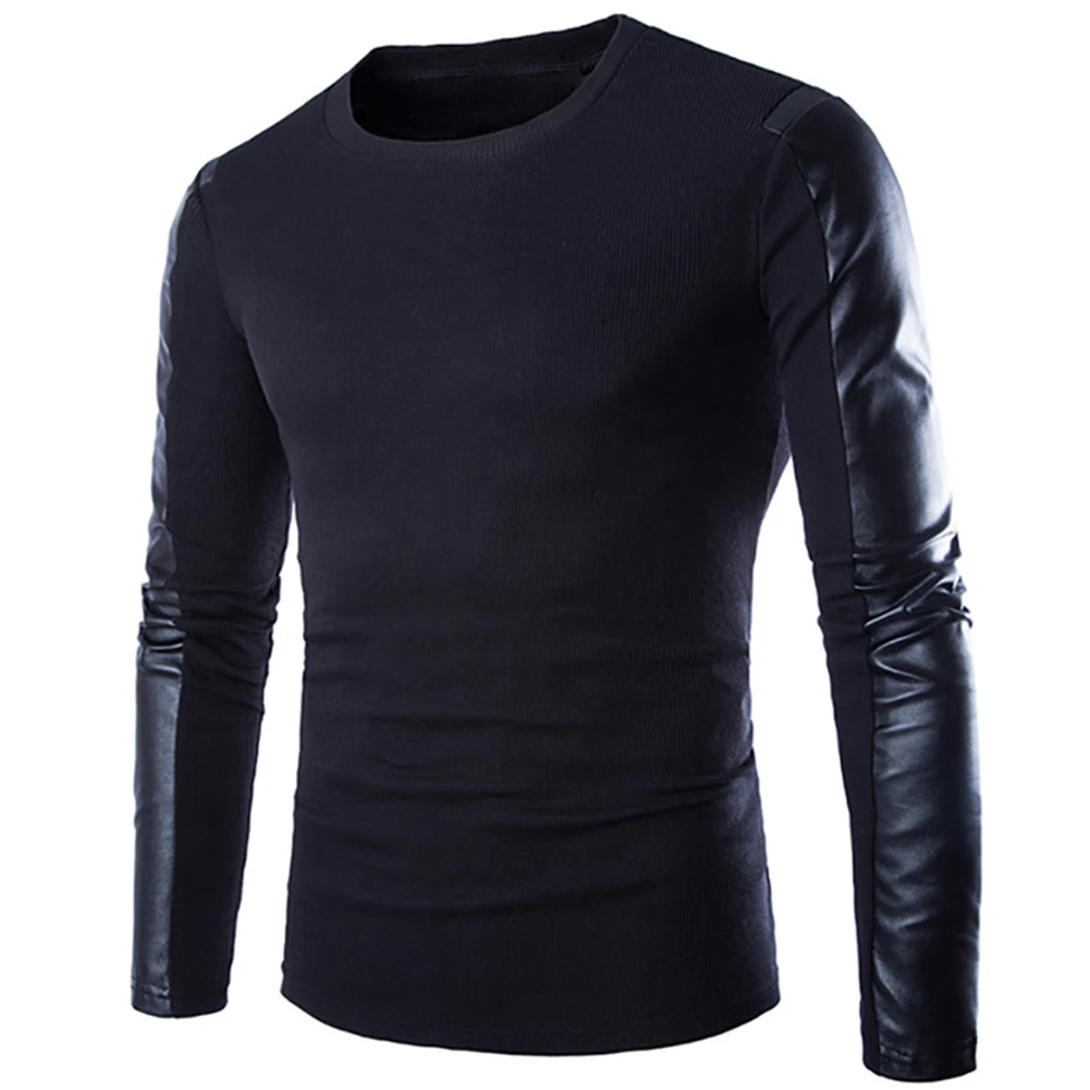 Men Brand New High Quality Men's Winter Leather Sleeve O neck Sweater