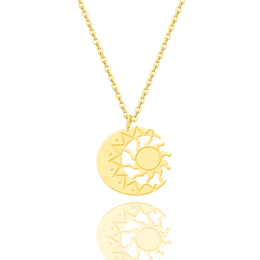 

Stainless Steel Chain Crescent Moon Sun Pendant Necklace Vintage Jewelry Gold Color New Moon Sun Zen Buddhism Statement Necklace
