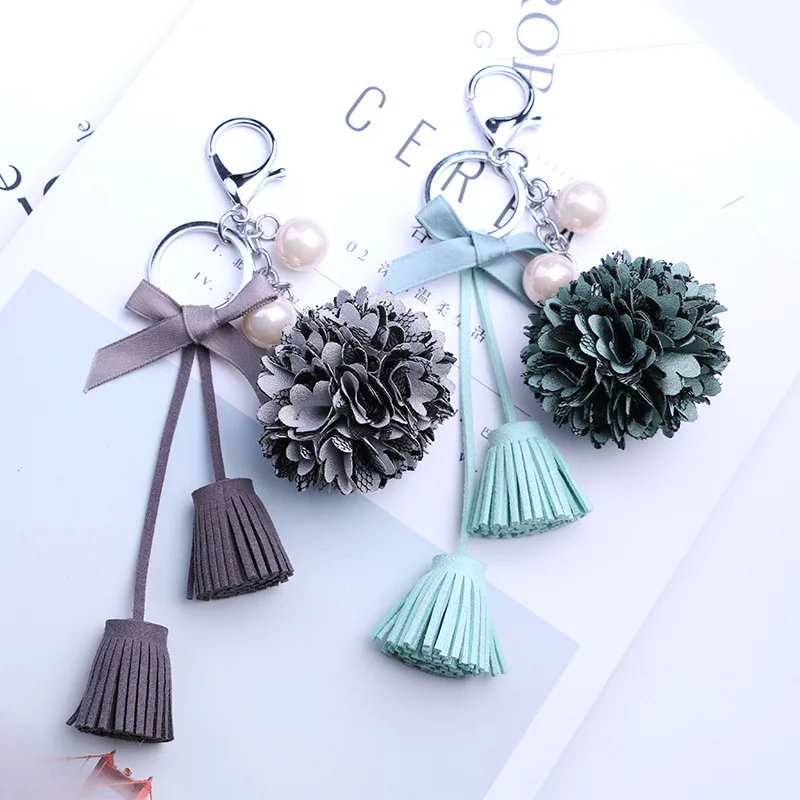 

Hydrangea Lace Flower Keychain Leather Tassel Pendant Bowknowt Key Chains Car Ornaments Charm For Women Buckle Pearl Key Ring