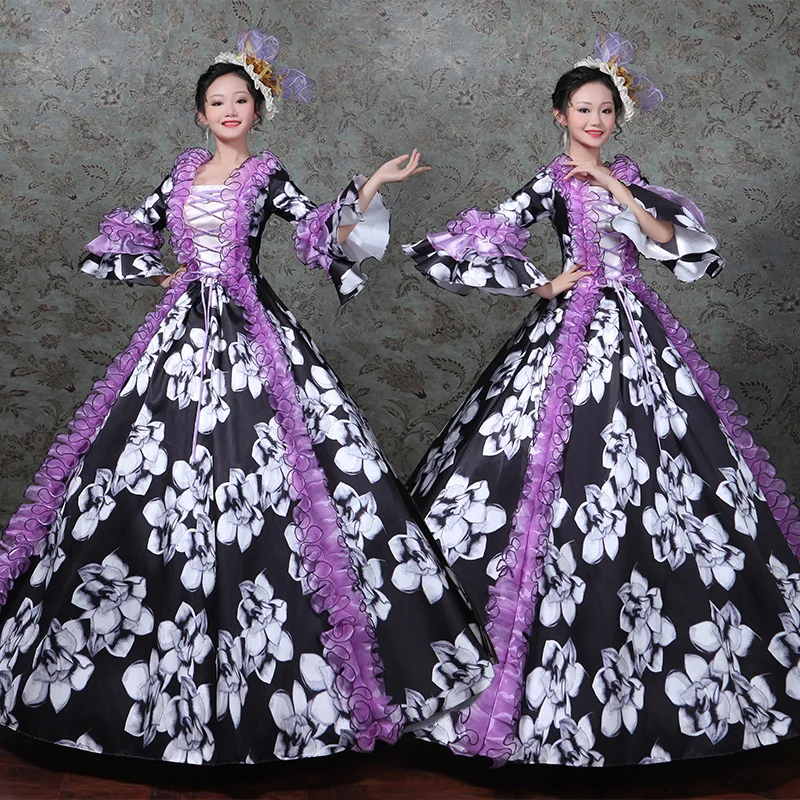 

Women European Court Princess Dresses Black And Purple Lace Ruffle Long Sleeves Square Collar Flowers Applique Halloween Dress