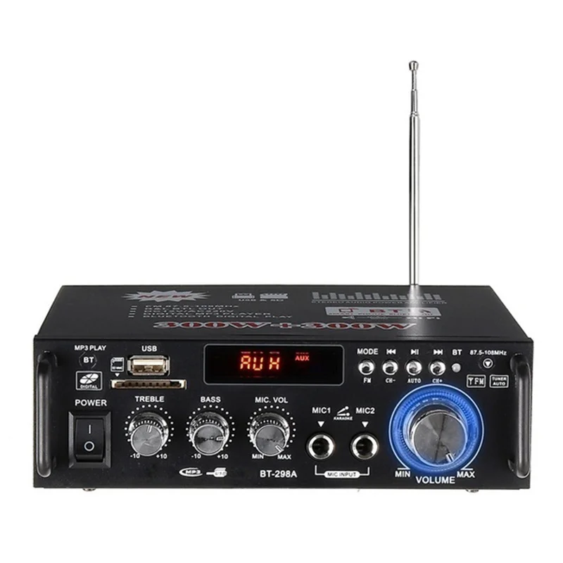 

US plug 220-240V 600W Wireless Digital Audio Amplifier Bluetooth Stereo Karaoke Amplifier 2 MIC Input FM Home Theater Amplifier