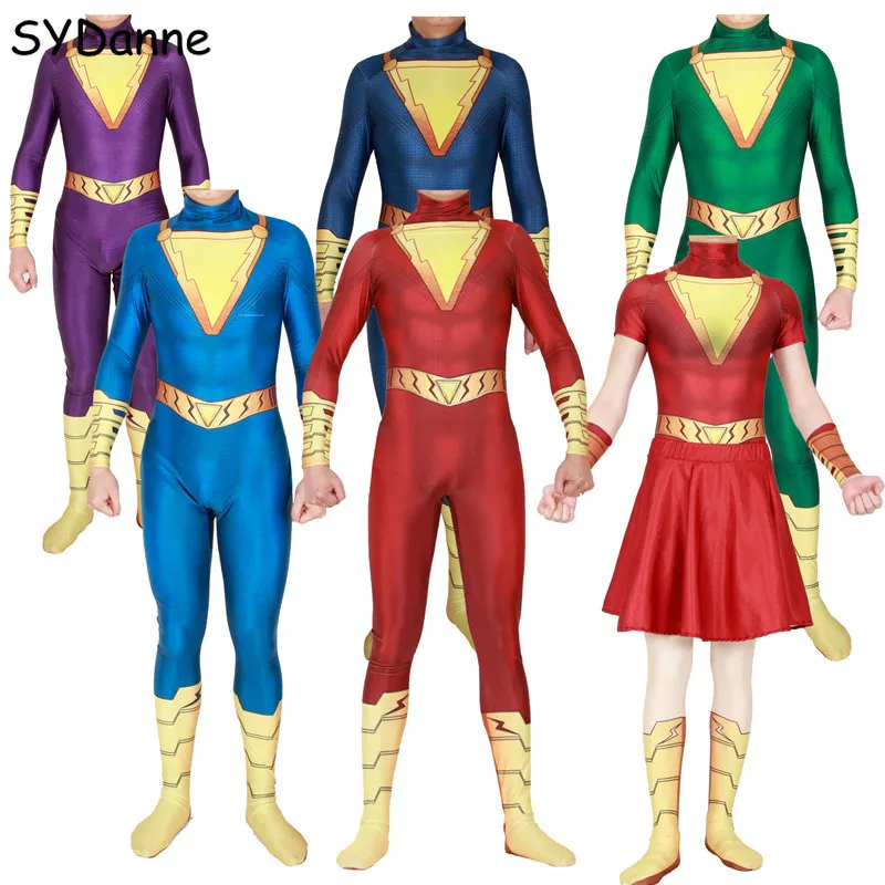 

Captain Marvel Shazam Cosplay Costumes Superhero Jumpsuits Shazam Billy Batson Zentai Bodysuit Suit Cloak Adult Kids Men Women