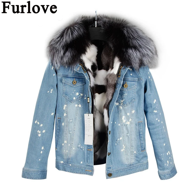 

Furlove New Arrival Parka Large Raccoon Fur Collar Women Winter Coat Jacket Denim Luxury Fox Fur Lining Outwear Brand Style