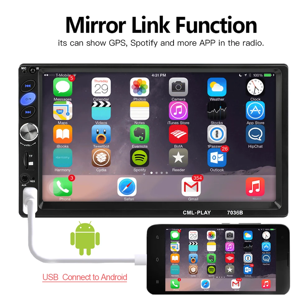 7036B 2din Автомагнитола " сенсорный mirrorlink Android плеер сабвуфер MP5 плеер Авторадио Bluetooth Камера заднего вида магнитофон