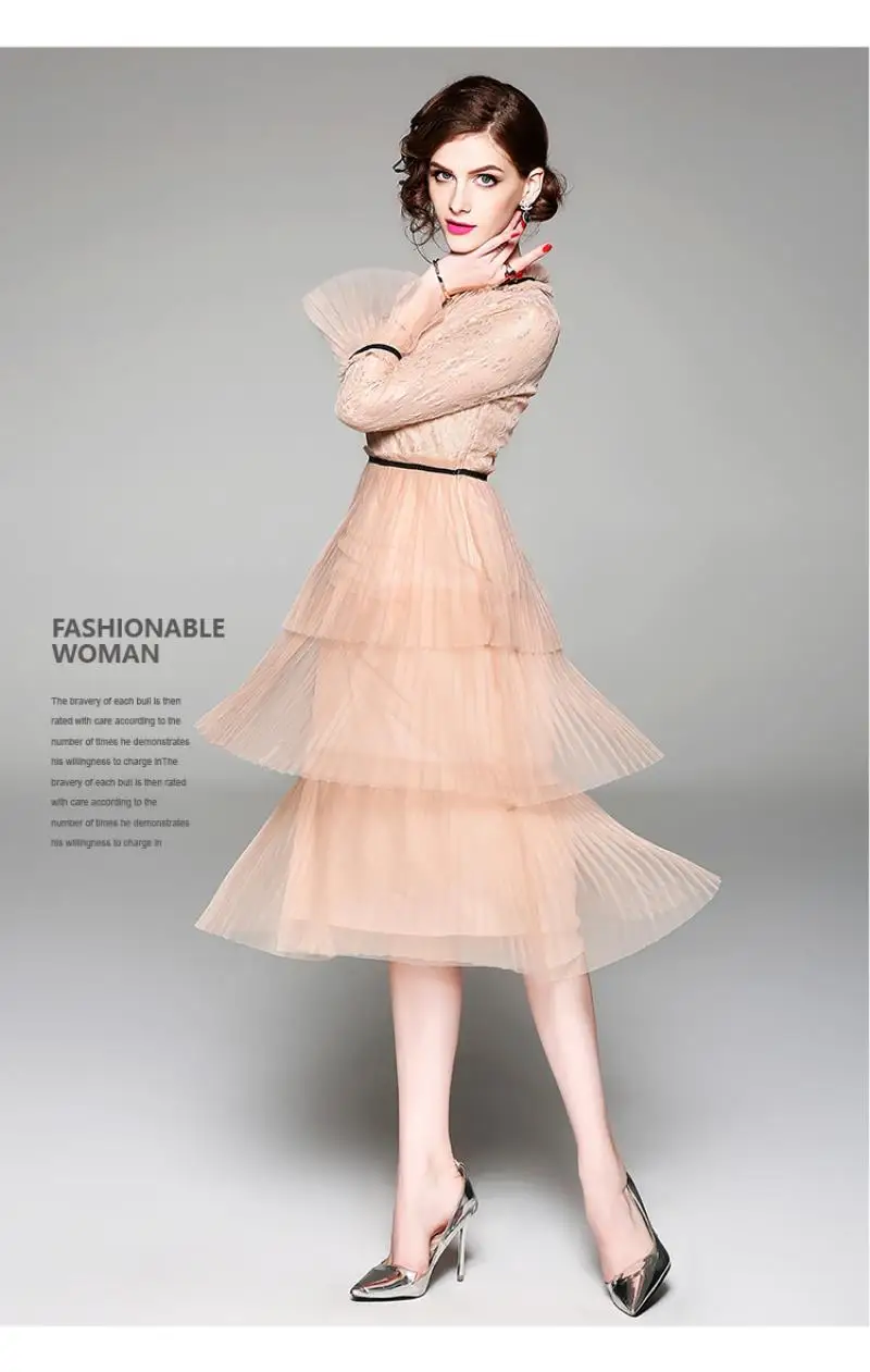 Summer Hollow Pleated Gauze Lace Dress Women Long Sleeve Princess Dress Moda Mujer 2018 Midi Party Dress Strand Jurkjes