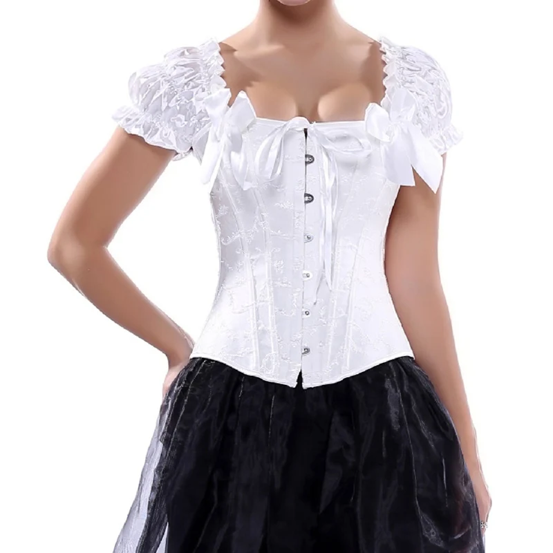 

White Jacquard Short Puff Sleeve Bridal Gothic Lingerie Sexy Corsets And Bustiers For Wedding Corset Victorian Burlesque Costume